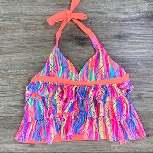 Girl's Colorful Ruffled Long Swim Top | 14